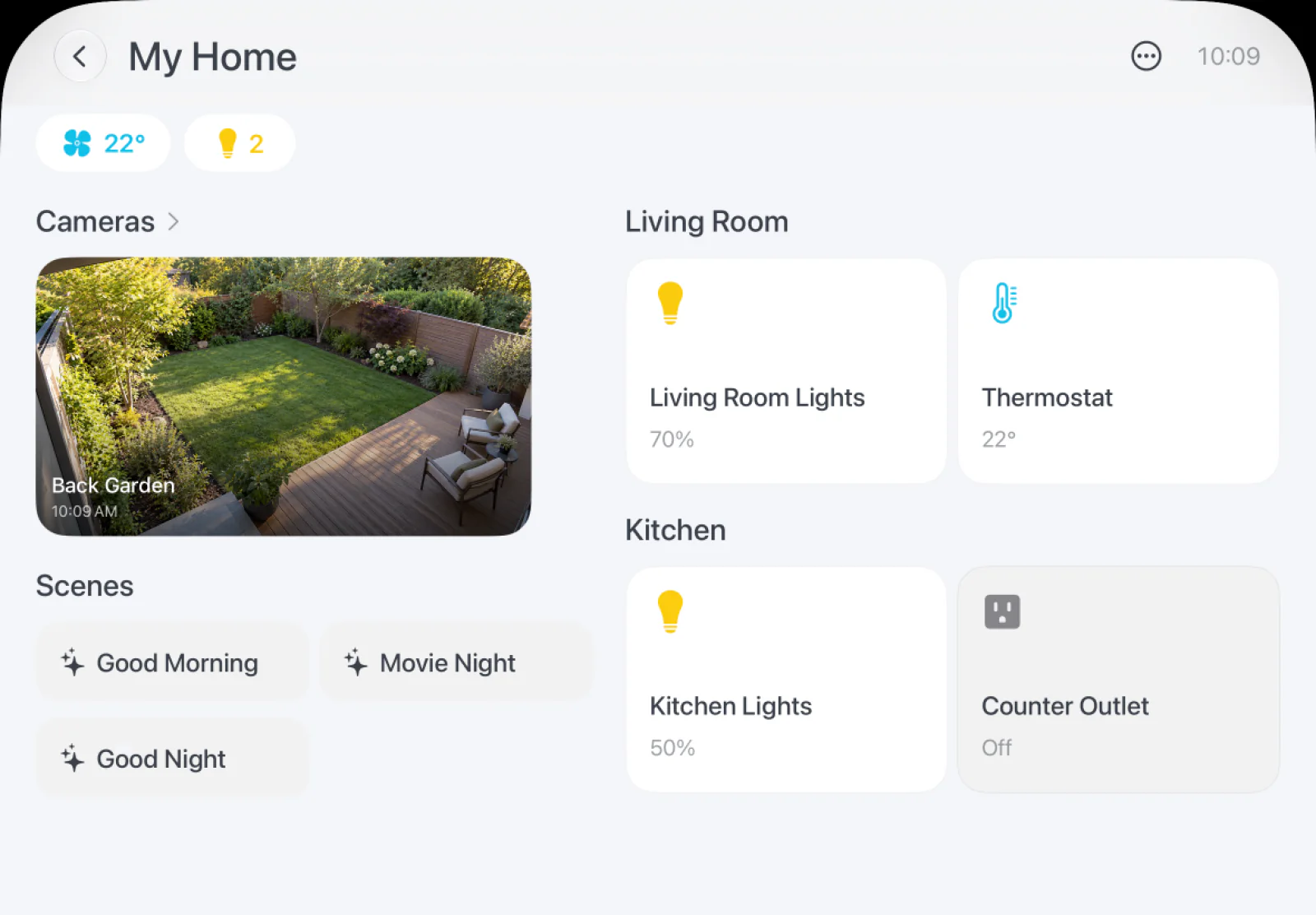 HomePad demo home with a garden camera, scenes, lights and thermostat controls