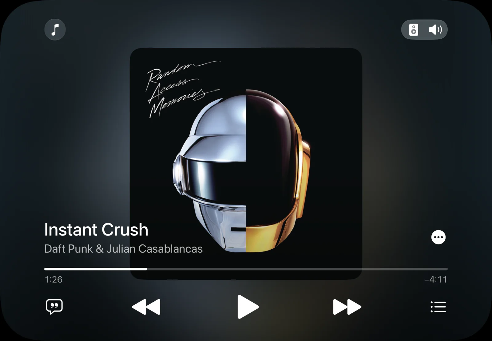 HomePad music player showing Instant Crush by Daft Punk and Julian Casablancas, with Random Access Memories artwork and paused playback controls