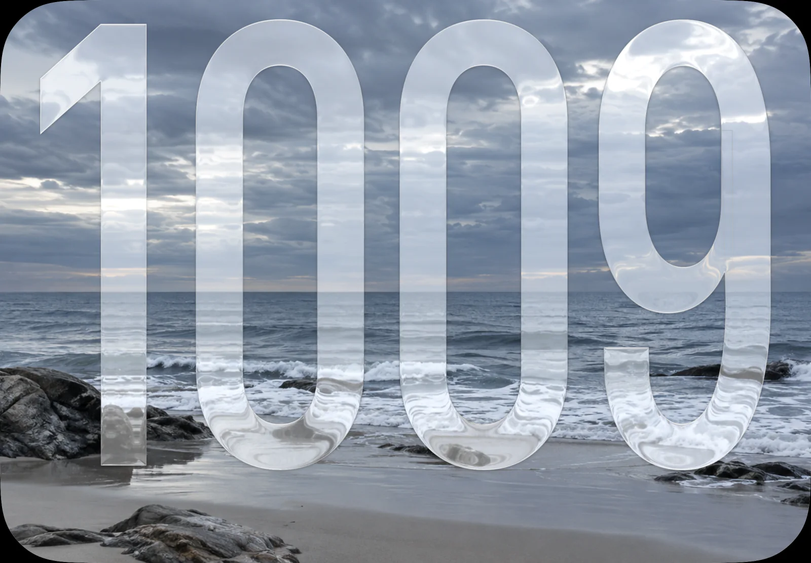 HomePad photo face with a fictional gray-blue coastline and 10:09 in glass numerals