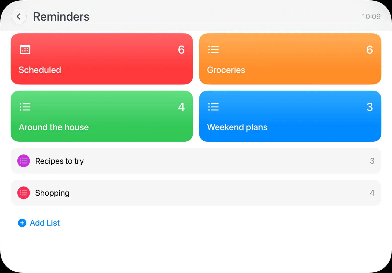 HomePad Reminders showing a demo Groceries list with coffee beans, fresh fruit, oat milk and sourdough bread
